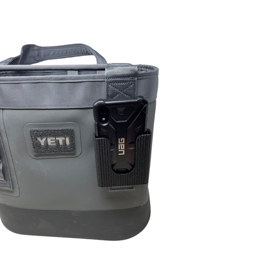 Black Phone Holder Attachment Compatible with Soft Yeti Coolers & Backpacks with Straps - Accessorize Your Cooler or Backpack & Securely Hold Your Phone - Made in USA! Black