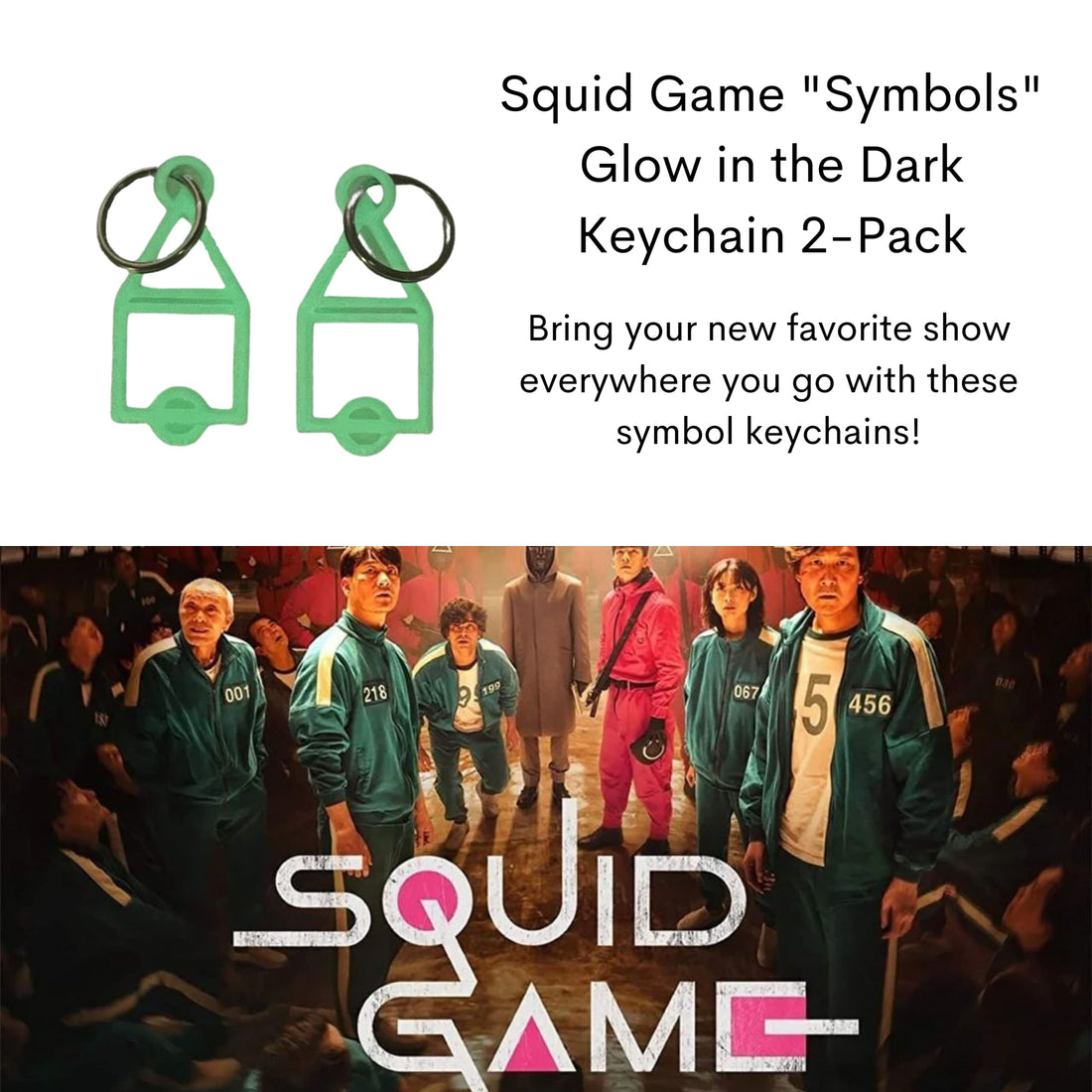Glow In The Dark Squid Korean Contest Symbols Keychain 2-Pack - Great For Fans Of Squid Contests - Squid Contests Symbol Pendant Keychain