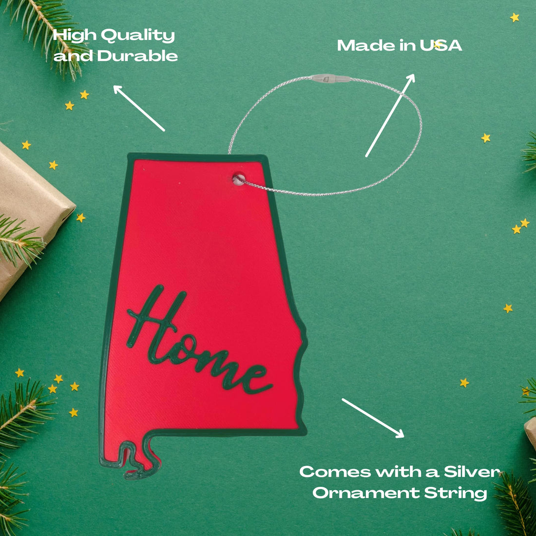 Red and Green State Holiday Ornament - Home Inscription State Christmas Decoration for Showing Your State Pride on Your Tree