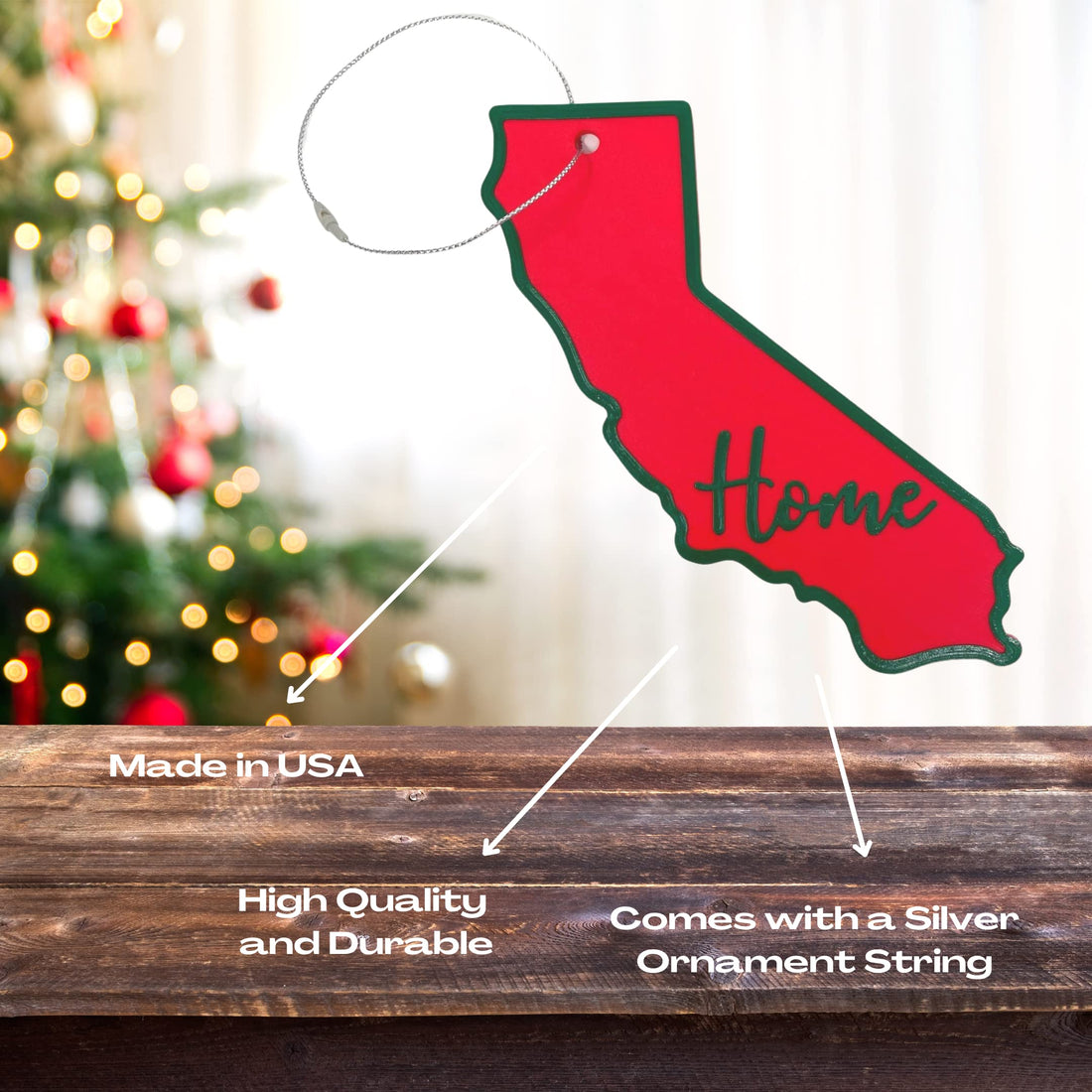 Red and Green State Holiday Ornament - Home Inscription State Christmas Decoration for Showing Your State Pride on Your Tree