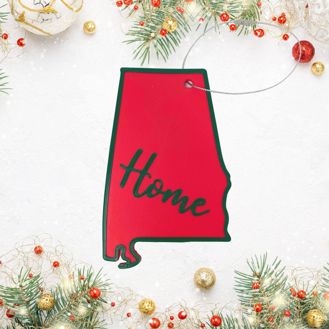 Red and Green State Holiday Ornament - Home Inscription State Christmas Decoration for Showing Your State Pride on Your Tree