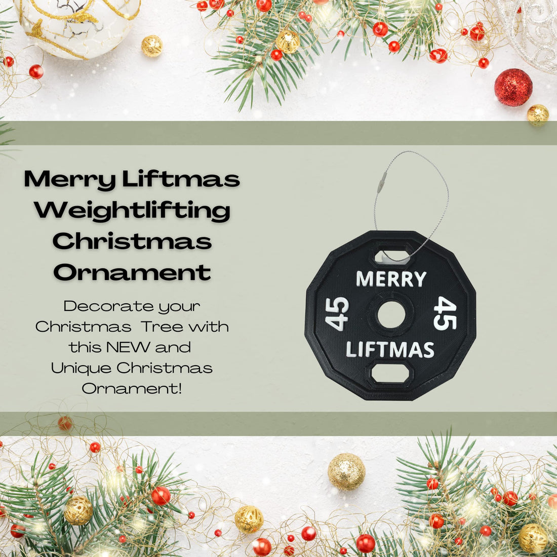 FRESHe Merry Liftmas Bodybuilding Christmas Ornament - Perfect for Weightlifters - Decorative Holiday Ornament - Made in The USA!