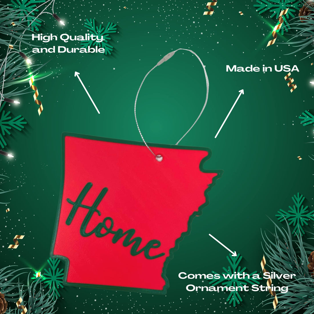 Red and Green State Holiday Ornament - Home Inscription State Christmas Decoration for Showing Your State Pride on Your Tree