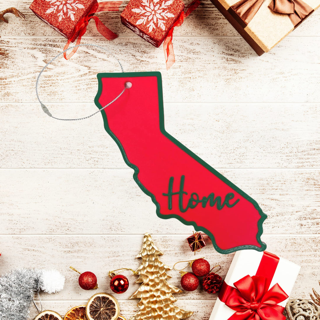 Red and Green State Holiday Ornament - Home Inscription State Christmas Decoration for Showing Your State Pride on Your Tree