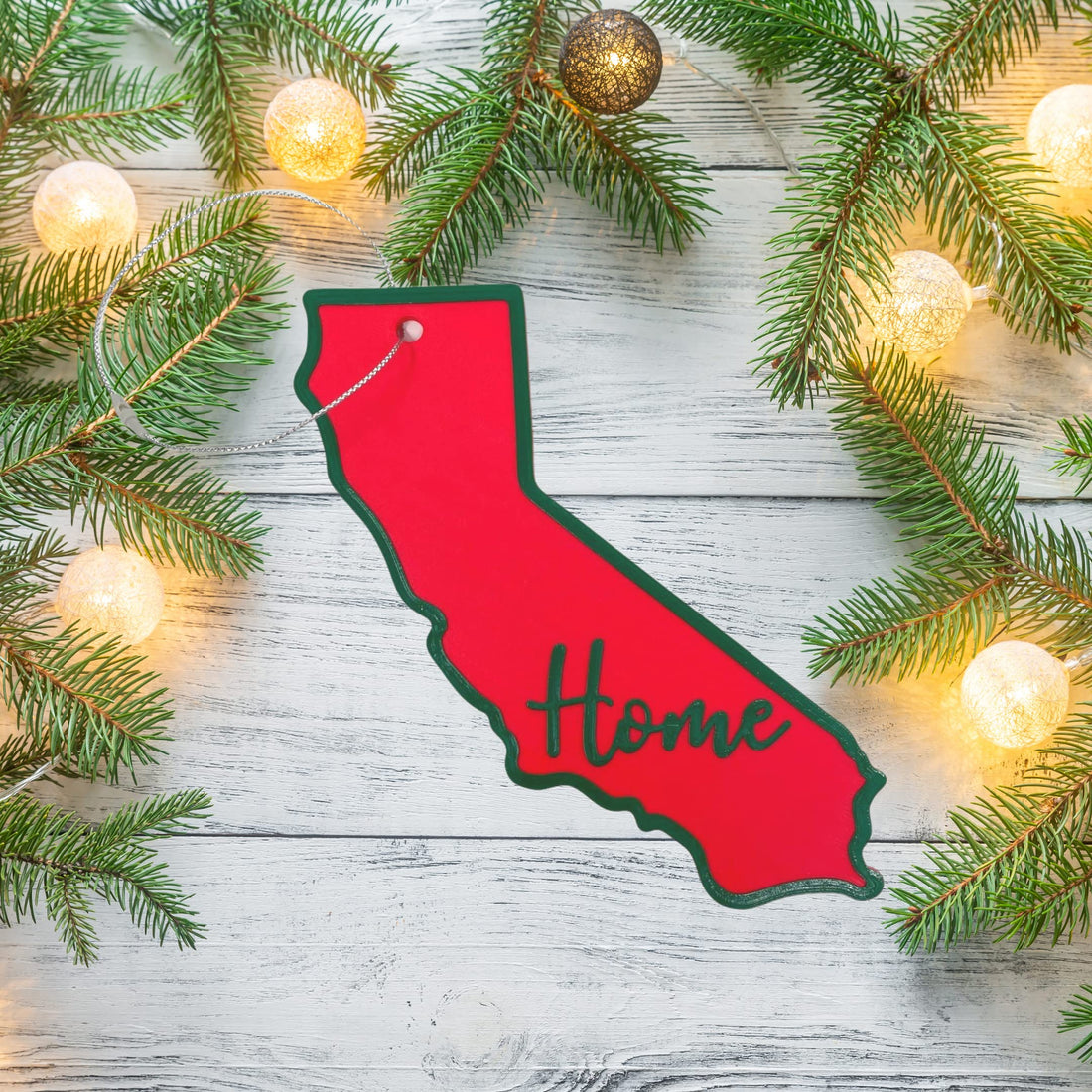 Red and Green State Holiday Ornament - Home Inscription State Christmas Decoration for Showing Your State Pride on Your Tree